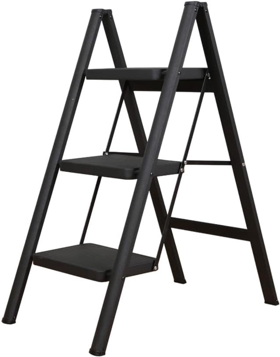 Stepladder 3 treden - opvouwbaar aluminium - lichtgewicht en antislip - ideaal voor keuken en garage - ShopVlot