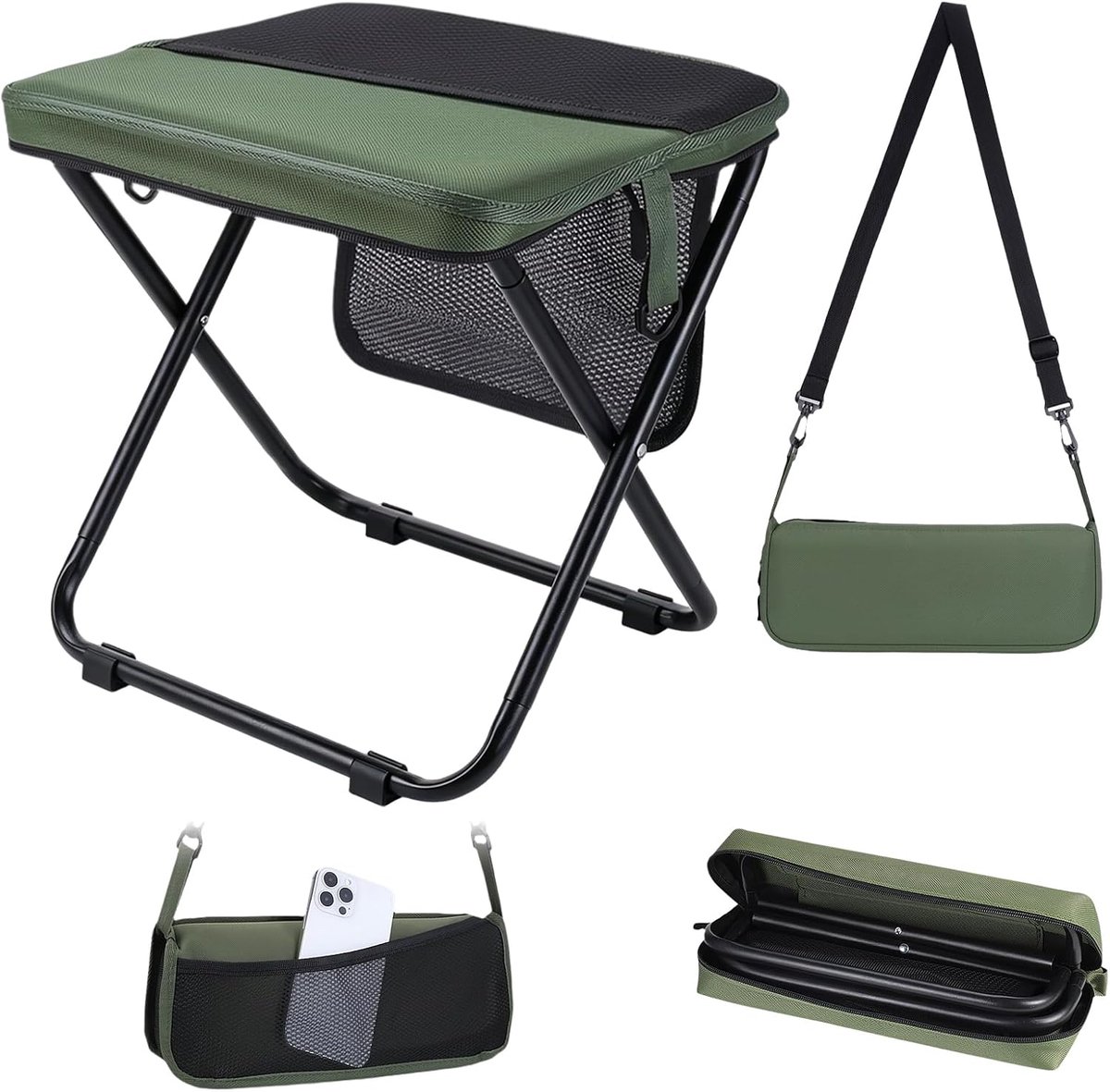 Opvouwbare kruk 33 × 27 × 32 cm - draagbaar en licht - met riemen en netvak - ideaal voor wandelen - ShopVlot
