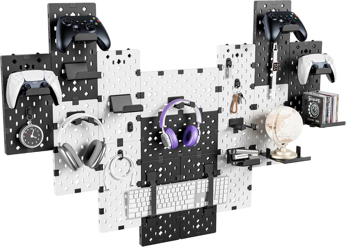 Controller en hoofdtelefoonhouder wandmontage, modulair gaming pegboard met accessoires, controller standaard voor Xbox PS5 PS4 Switch, opslag van videogames, schijfplank, 14 stuks pegboard,
