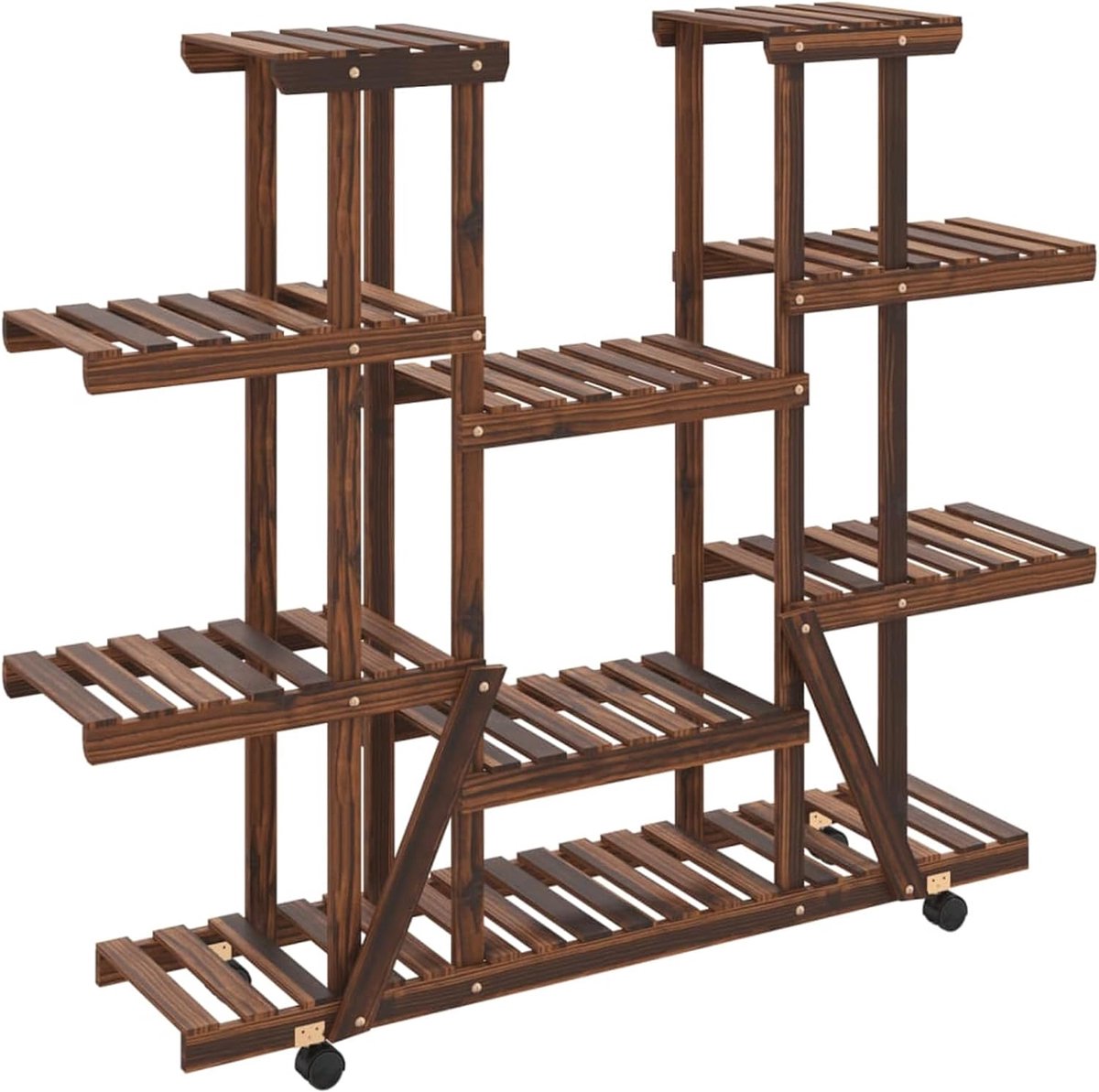 Bloemenstandaard met wielen, 360 graden draaibare wielen, meertraps plantenrek van massief dennenhout, gecarboniseerd, bruin, voor woonkamer, balkon en terras