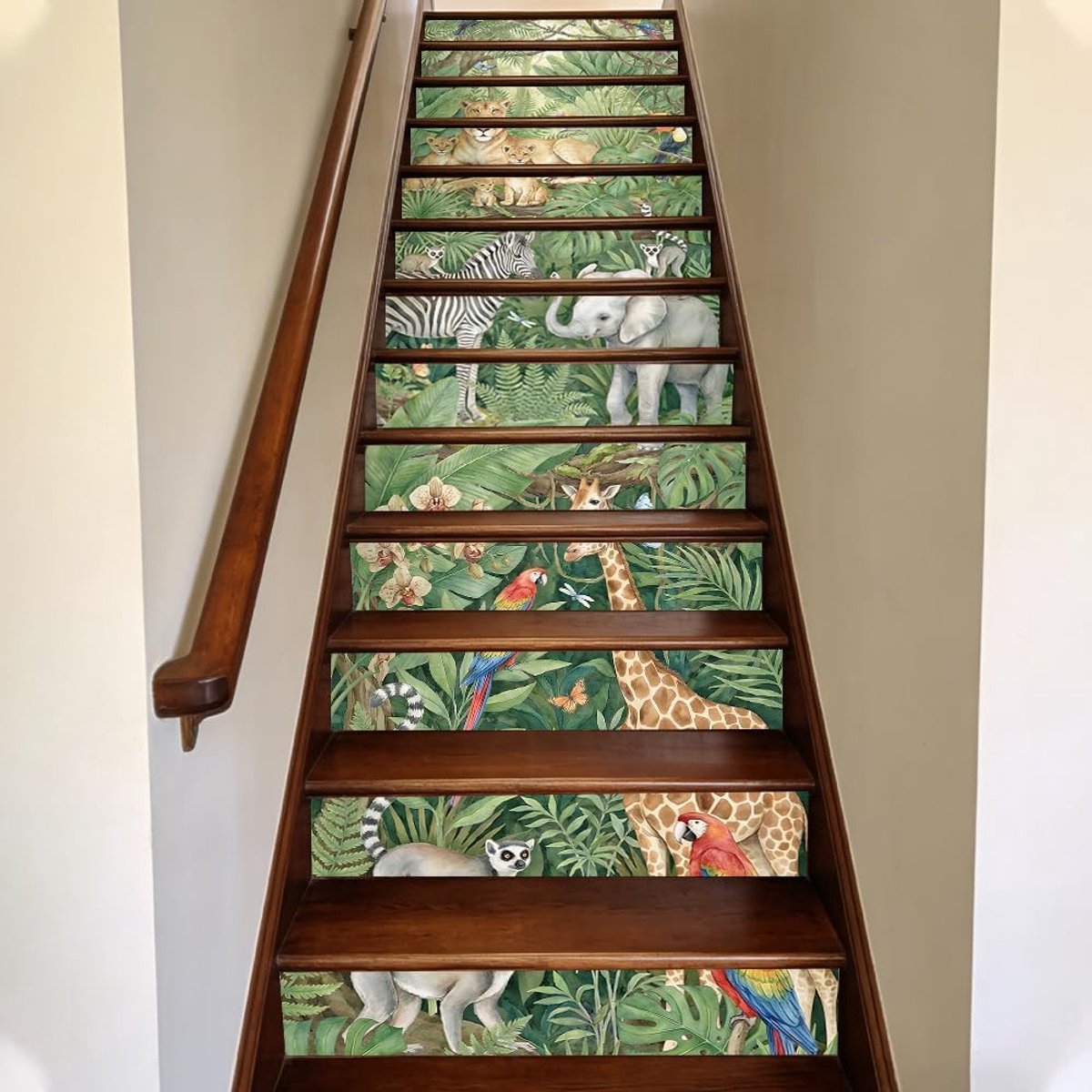 15 treden stickers wilde dieren jungle trappen sticker groen zelfklevend afneembaar pvc dierendesign bos decoratie voor treden 100x18 cm