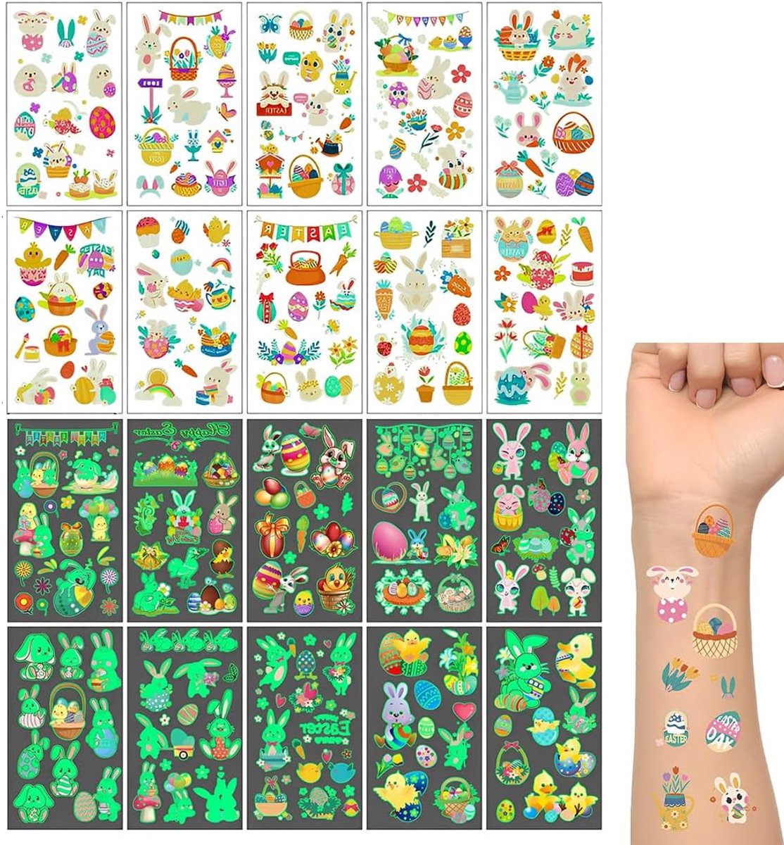 20 Stuks Fluorescerende Tatoeages Voor Kinderen, Verschillende Stijlen, Stickers Voor Paaseieren, Tijdelijke Versiering, Voor Jongens En Meisjes
