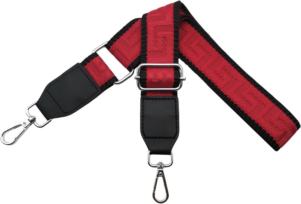 Schouderriem voor tas, tasriemen om te wisselen, verstelbare tasriem, breed 3,8 cm, met leer, zilveren karabijnhaak, tassenband, schouderriem voor dames, handtassen, zwart/rood, T29