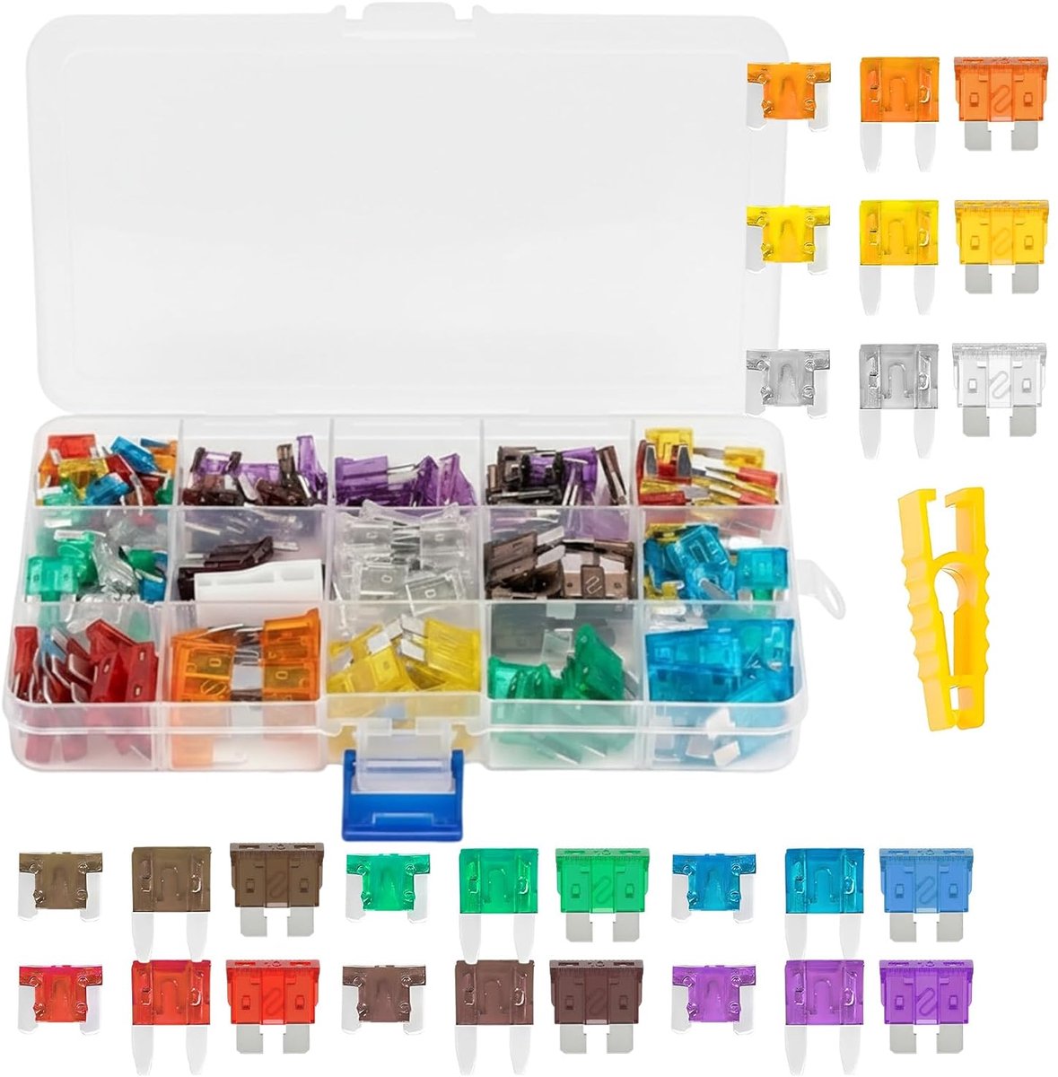 180 stuks autozekeringen set (2A-40A) - compleet assortiment met Micro, Mini & standaard zekeringen incl. zekeringtrekker - universeel voor auto, motorfiets en campers