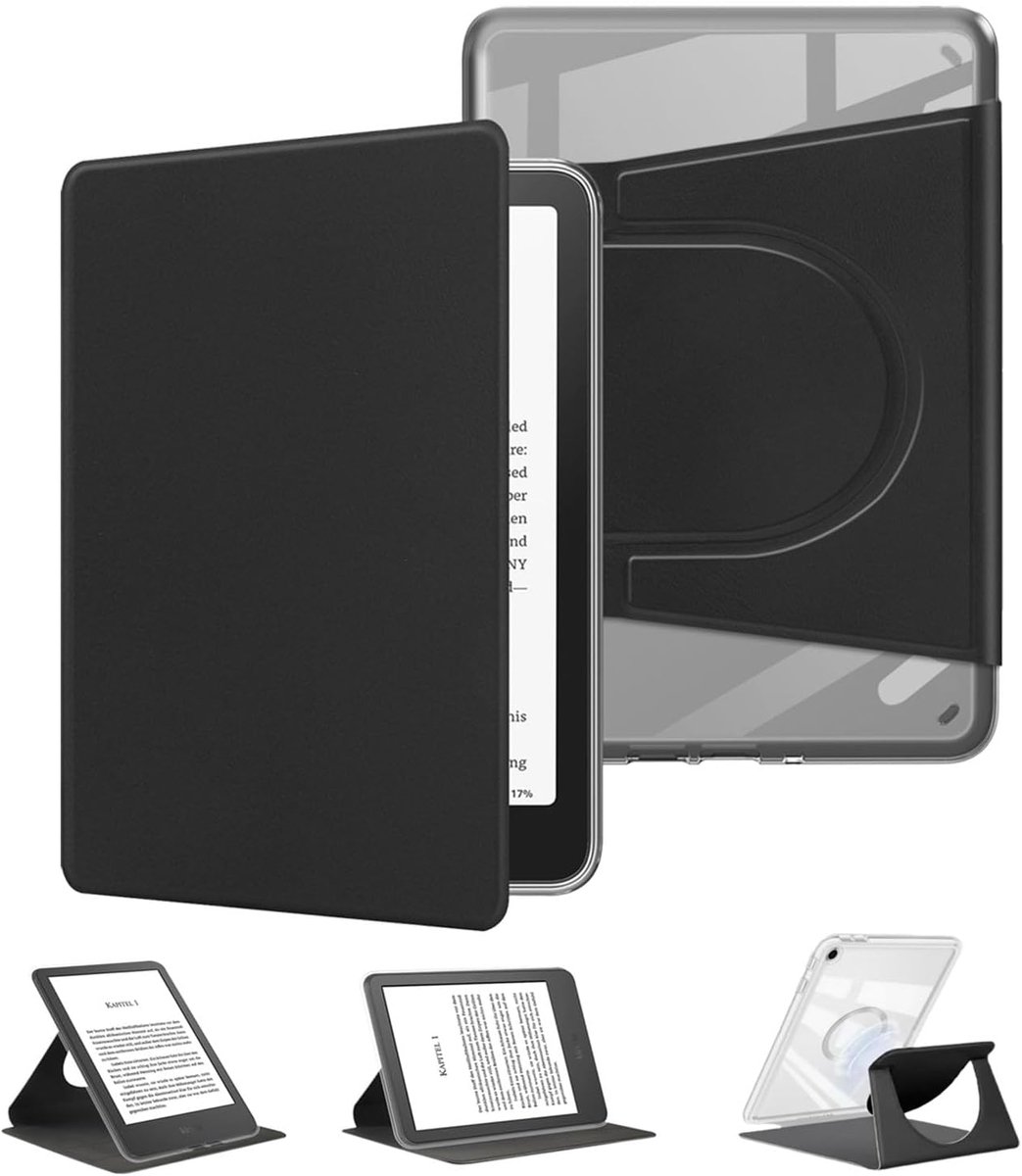 Beschermhoes voor Kindle 2024/2022, 360 graden 6 inch, beschermhoes voor e-reader 11e generatie, magnetisch, afneembaar, verstelbare standaard, transparant, met slaap-/wekfunctie, zwart