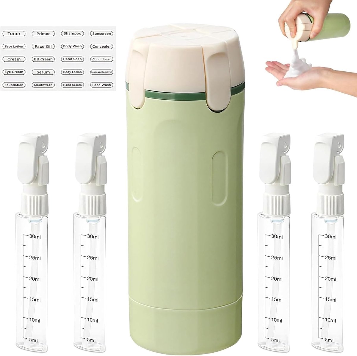 4-in-1 navulbare reisdispenserflessen, reisflessen om te vullen, reisdispenser met schaal en etiket, herbruikbare reisgadgets, dispenserflessen voor shampoo, lotion, douchegel, spoeling (groen)