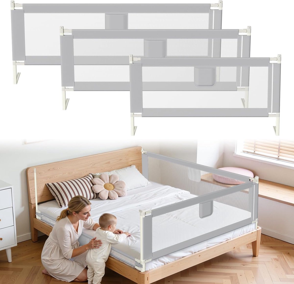 Bedhekje 180 cm, Bedhek, Kinderbedhekje voor kinderen, Opklapbaar, Eenvoudig te monteren, Kinderbedhek, Valbescherming, Grijs