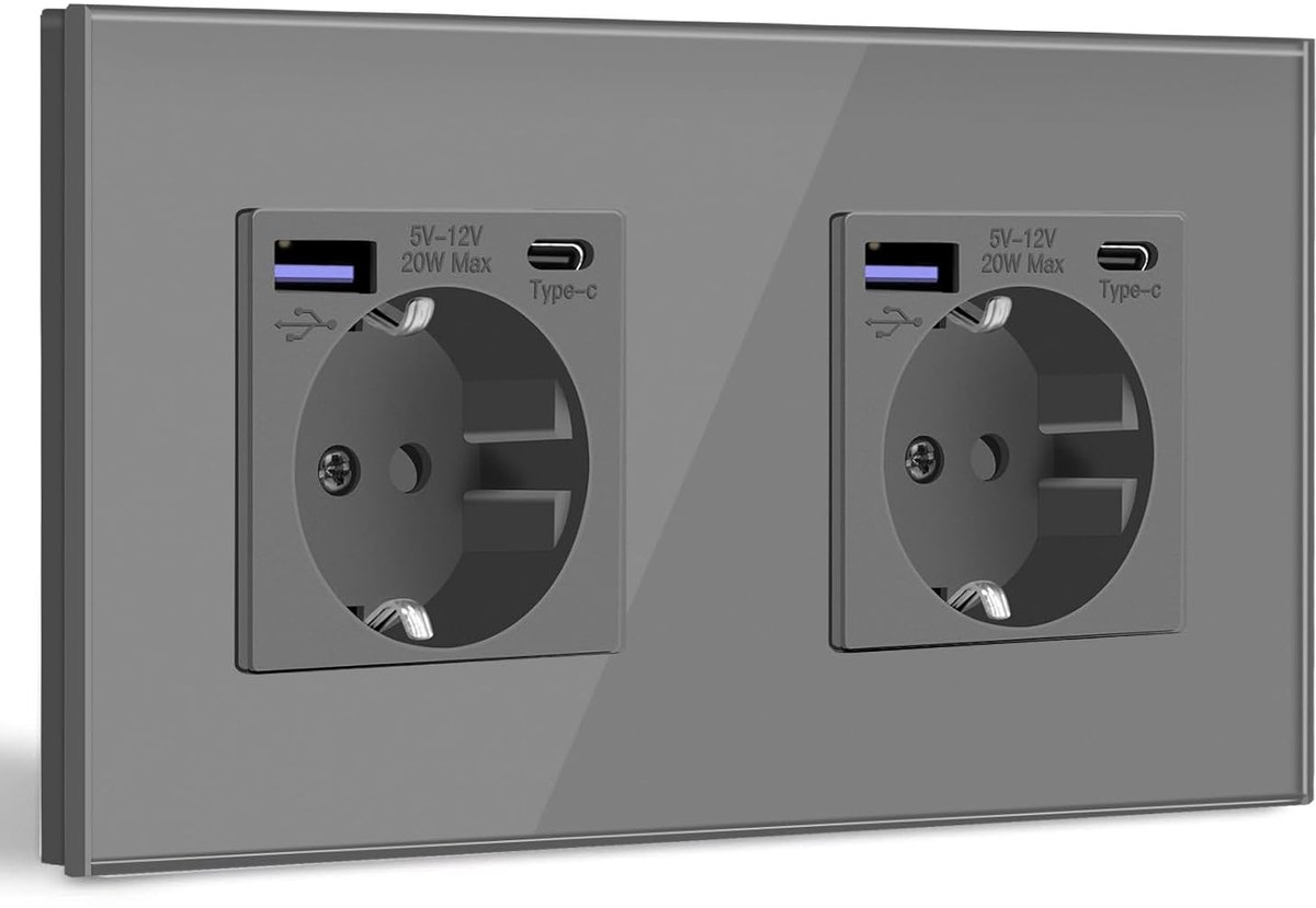 Schuko Stopcontact met USB C 20W Snellader USB Type C Wandstopcontact met Glas Paneel, 2 Voudig Stopcontact, USB Stopcontact Inbouw, Geschikt voor iPhone, iPad, Galaxy enz.-Grijs