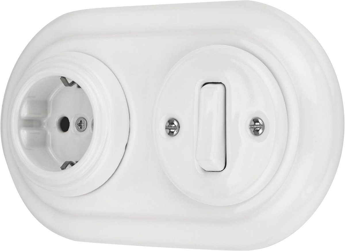 Porselein retro stopcontact, schakelaar, 2-voudig, all-in-one, SET serie PR1 wit