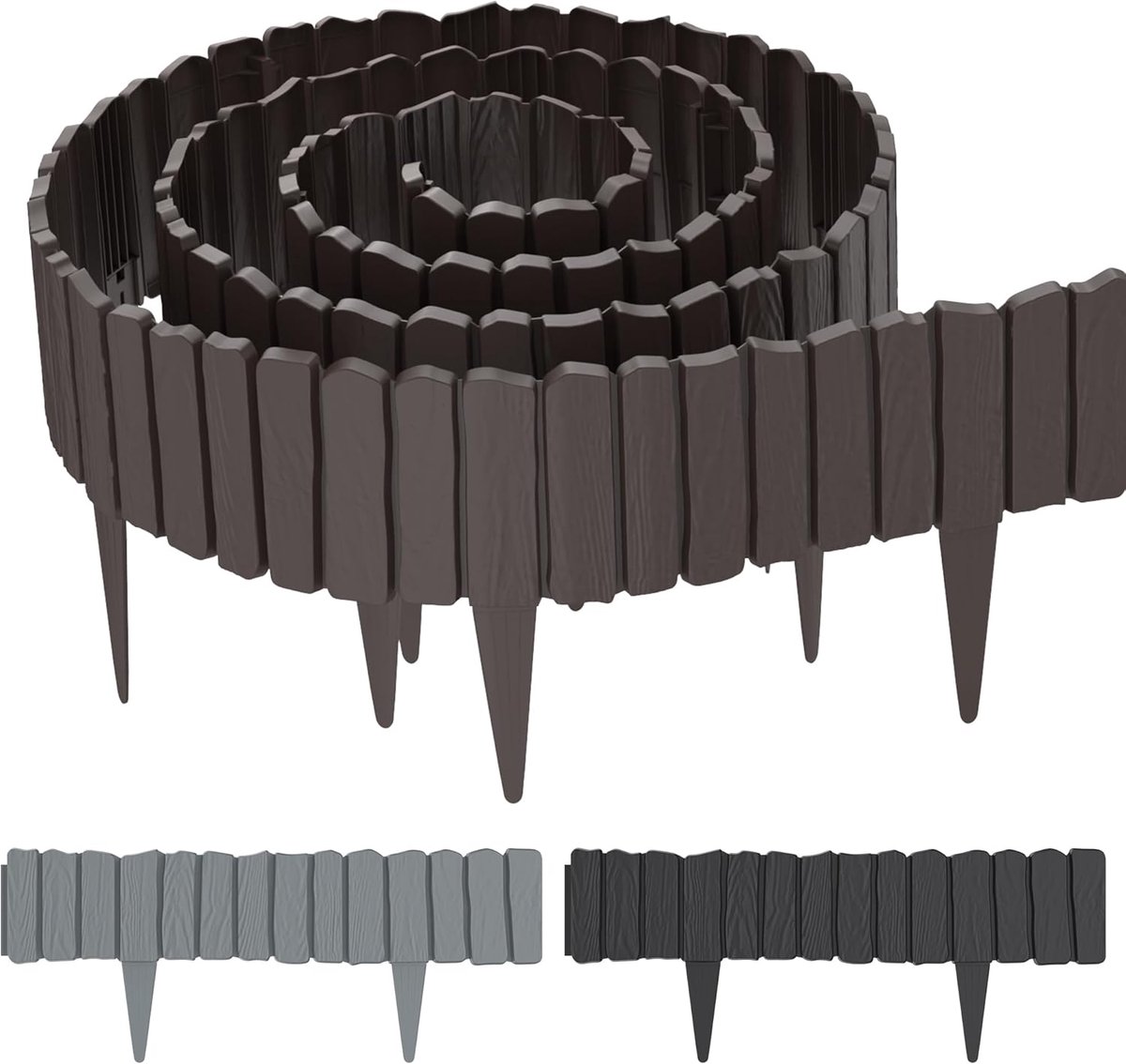 Gazonrand, kunststof, perkrand, tuin, houtnerf, imiteert maaikank, flexibele houten hek, tuindecoratie, tuinpalissade, tuinhek, omheining, grijs, 4 stuks, 2,3 m