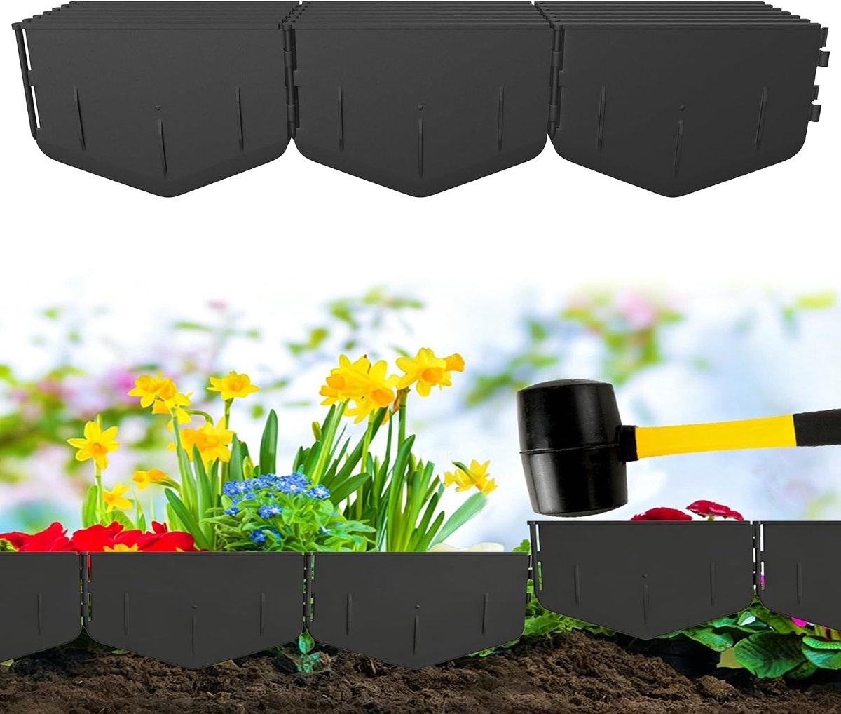 Zonder graven gazonrand geschikt voor harde grond & duurzaam – flexibele perkrand van robuust PP, uv- en weerbestendig, modulaire steekgazonrand/wortelblokkering, 8 m (40 stuks), zwart