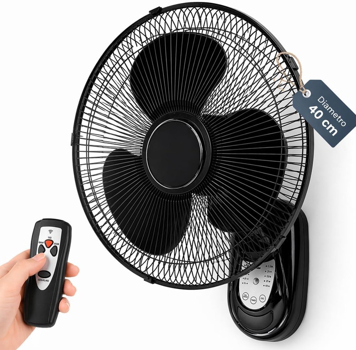 Wandventilator met afstandsbediening, rooster 40 cm, 3 selecteerbare snelheden, 5 vleugels, 65 watt vermogen, automatische zijdelingse oscillatie, zwart