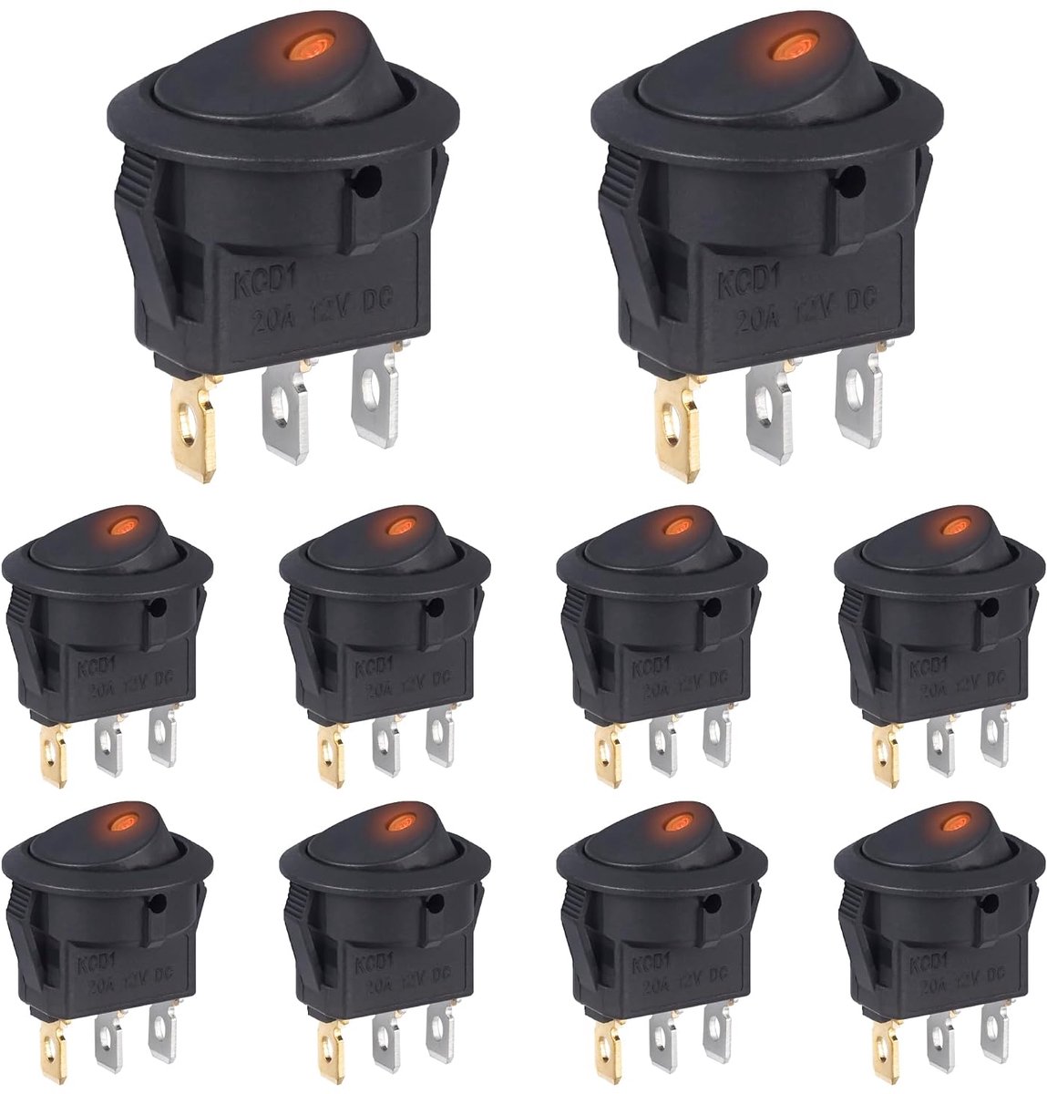 Tuimelschakelaar, 12 V DC 20 A, 3-polig, verlicht, rond, aan/uit, met led, geel, 12 volt, 2 posities, auto-inbouwschakelaar, zelfremming, vierkant, rond, voor auto en boot (10 stuks)