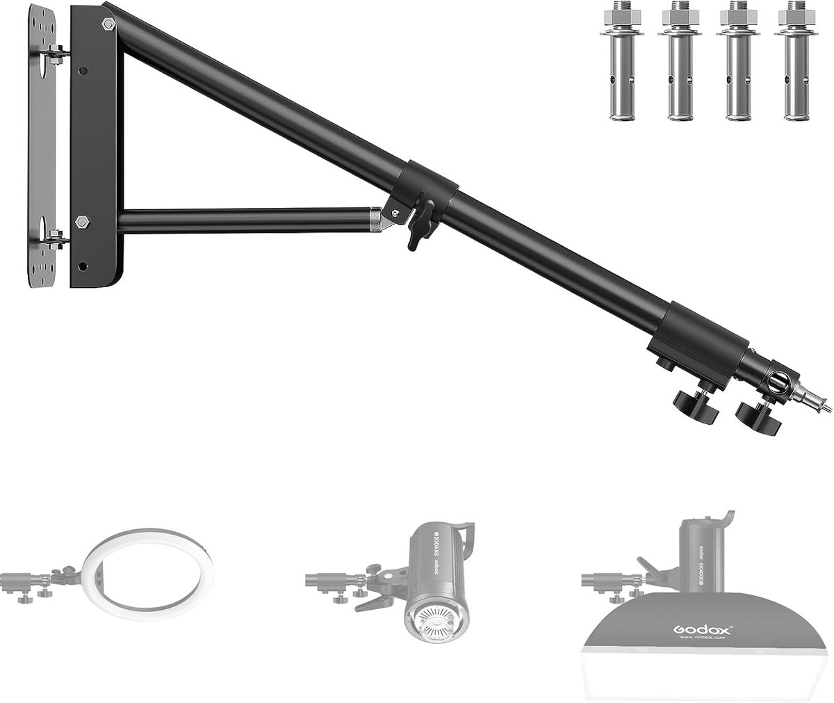 Wandmontage Boom Arm Uitsteekselarm Wandmontage Galg met Driehoek Basis voor Fotografie Studio Video Licht Monolight Softbox Reflector, 180 Graad Rotatie, Max Lengte 135 cm/53,1 inch (Zwart)