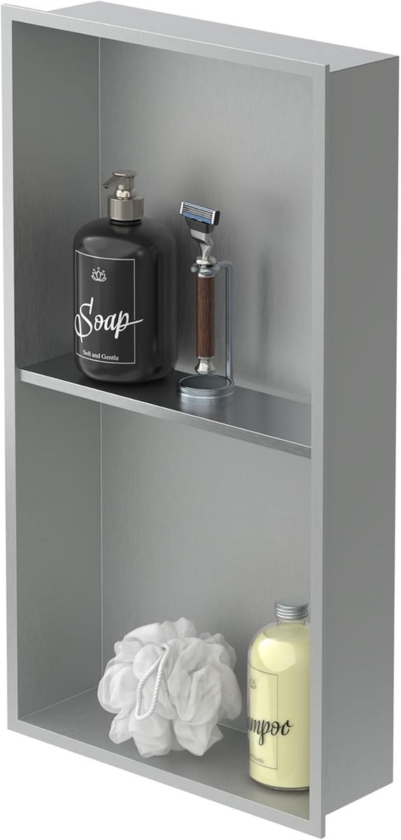 Wandnis Dubbel Roestvrij Staal, 30x60x10cm, Zilver, Douche Nis met Frame, Ingebouwd Planchet, Flexibele Installatie, Betegelbare Nis voor Badkamerbenodigdheden, Doucheplank, Dubbele Planchet