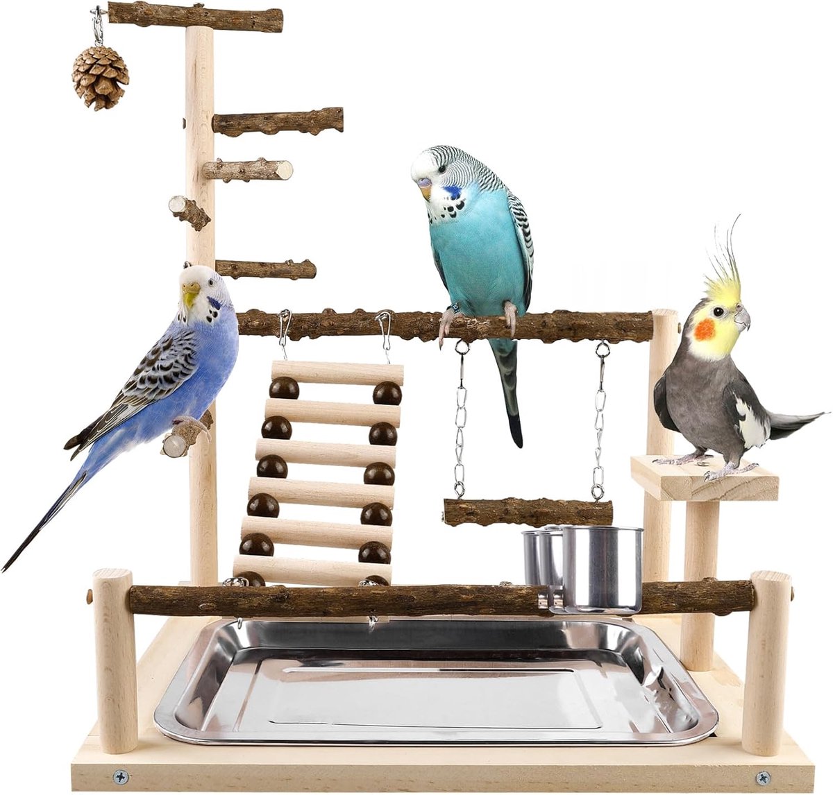 Vogelspeelplaats met feeder cups en dienblad, papegaaien speelstandaard, valkparkieten, ara's, cockatiels, zitstok gym standaard
