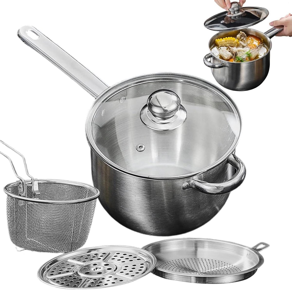 Frituurpan met mand - Kookpot Stoompan - Thuis Frituren - Roestvrij staal - 19.5 cm diameter - Zilver