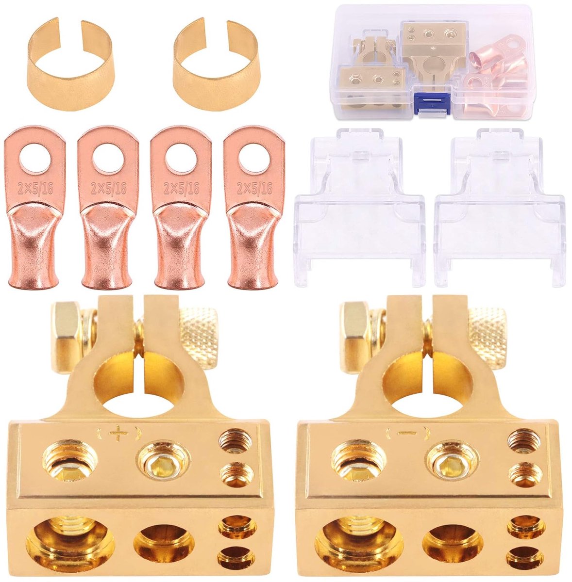 8Pcs Gouden Auto Batterij Terminal Connectoren Kit 4Pcs Koper Draad Ring Noppen en 2Pcs 0/2/4/8/10 Gauge Negatieve Positieve Batterij Terminals met Shims en Deksels