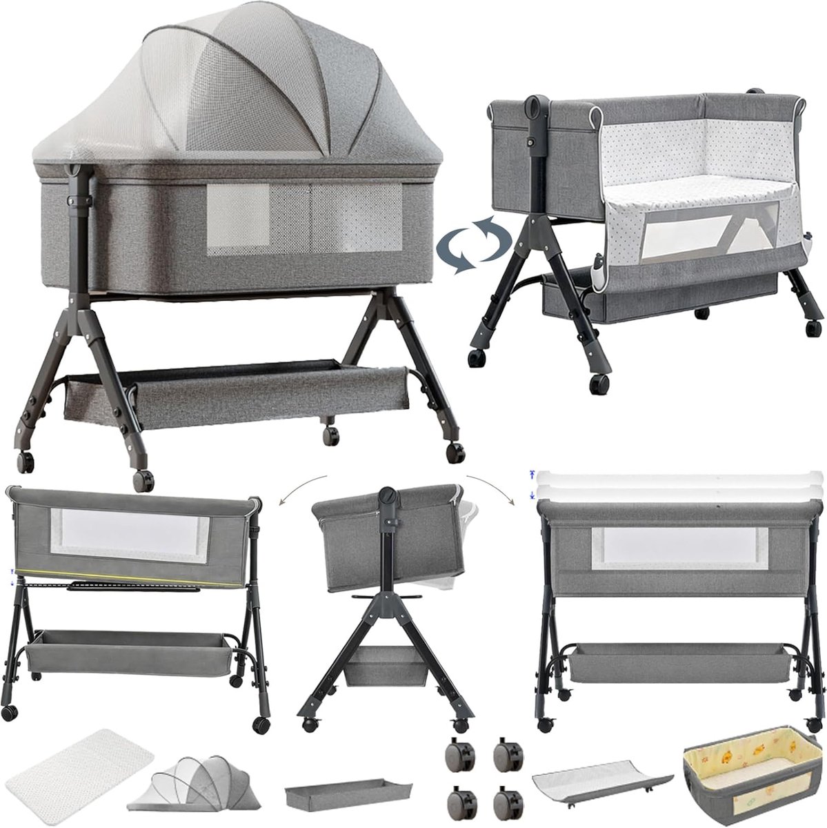 To Me wieg, opvouwbare converteerbare baby bedwieg, co-sleeping babywieg, baby bedwieg (X3 grijs)