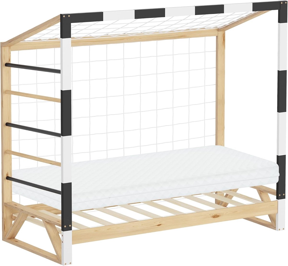 Kinderbed Ledikant met Voetbaldoel 80x160 cm met Matras houten Slaapbed met Lattenbodem Klimladder en Net grenen Jeugdbed Tienerbed Eenpersoons Bedframe voor Jongens Meisjes Speelbed