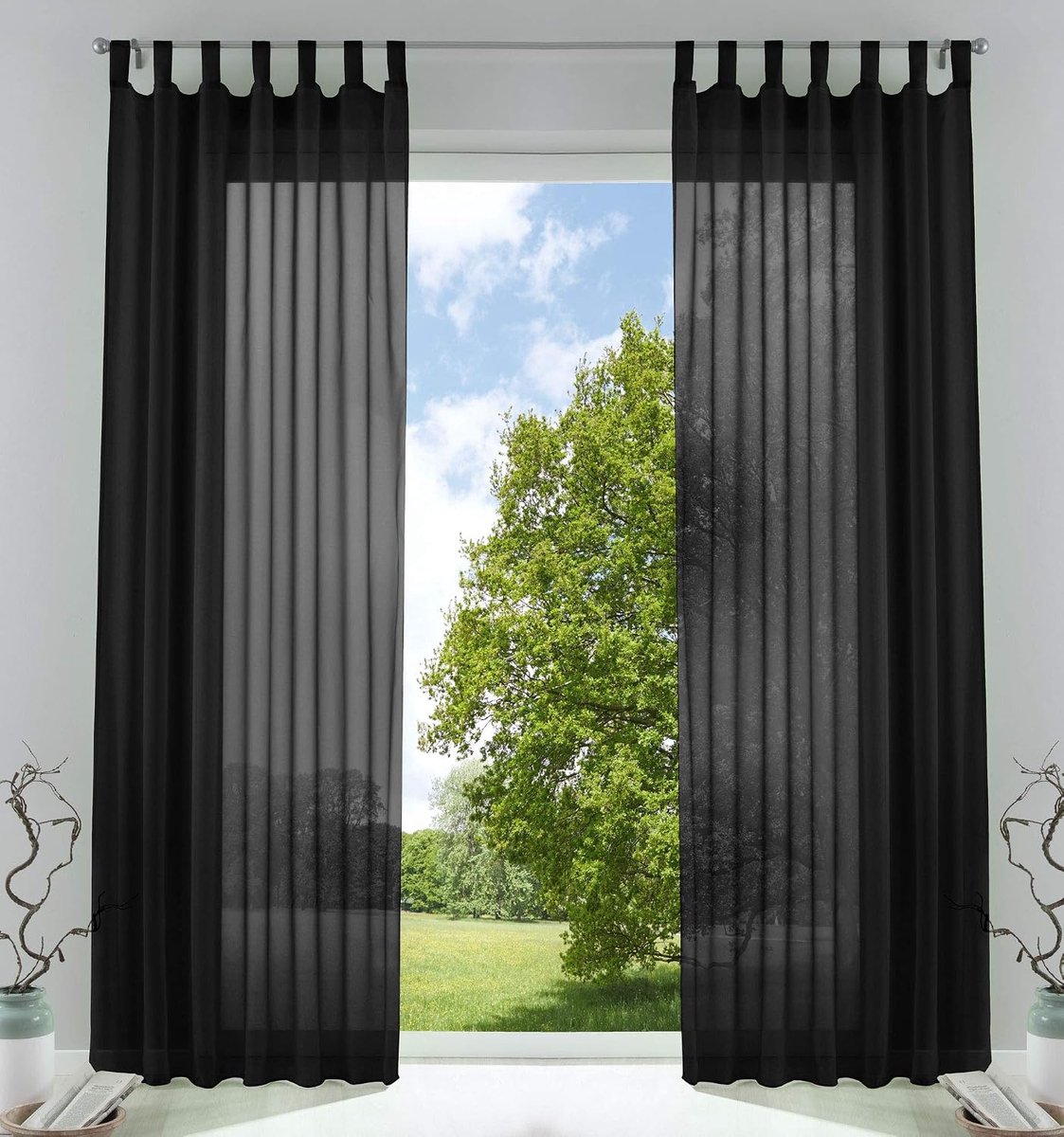 Set van 2 gordijnen, transparant, voor de woonkamer, voile met loodband, H x B 225 x 140 cm, zwart, 61000CN