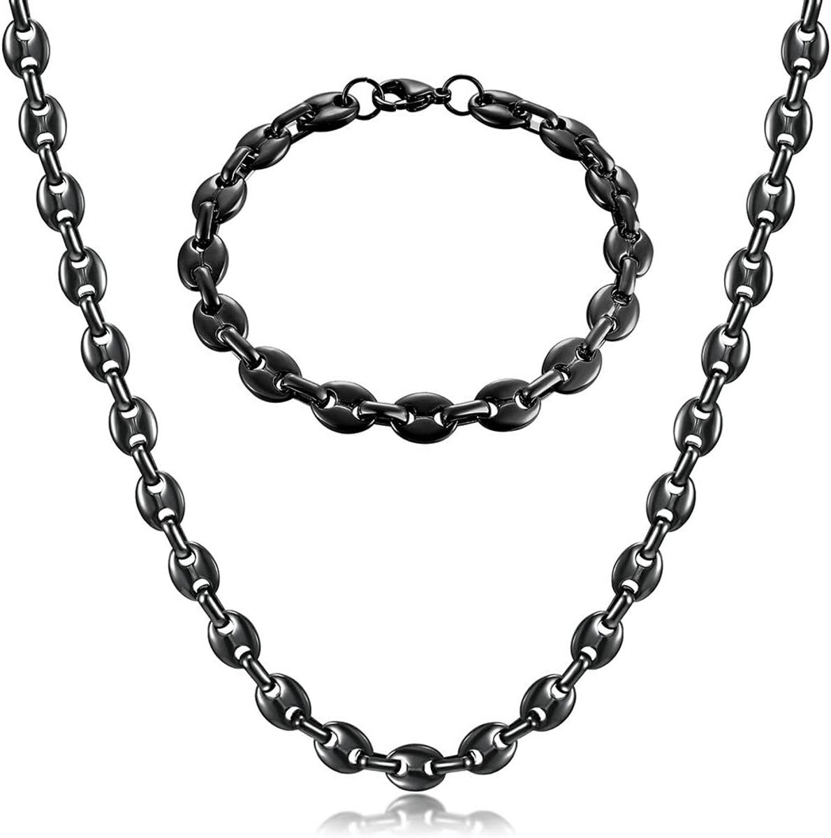 Ketting voor heren, halsketting en armband van roestvrij staal, 6 mm, 9 mm, 11 mm, zilver/goud/zwart, Roestvrij staal, Geen edelsteen