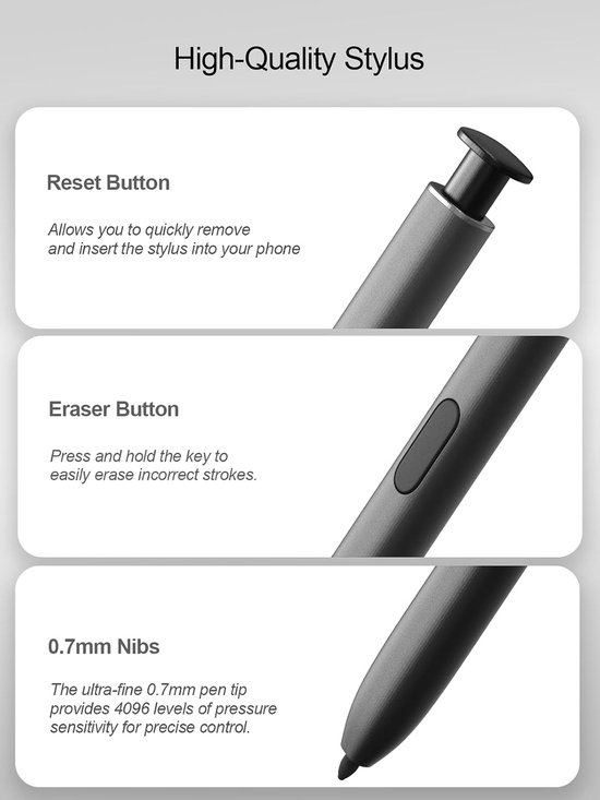 Stylus Pen voor Samsung Galaxy S24 Ultra 5G, S24 Ultra S Pen vervangingsset met 4096 drukgevoeligheid, zonder Bluetooth, donkergrijs — afbeelding 3
