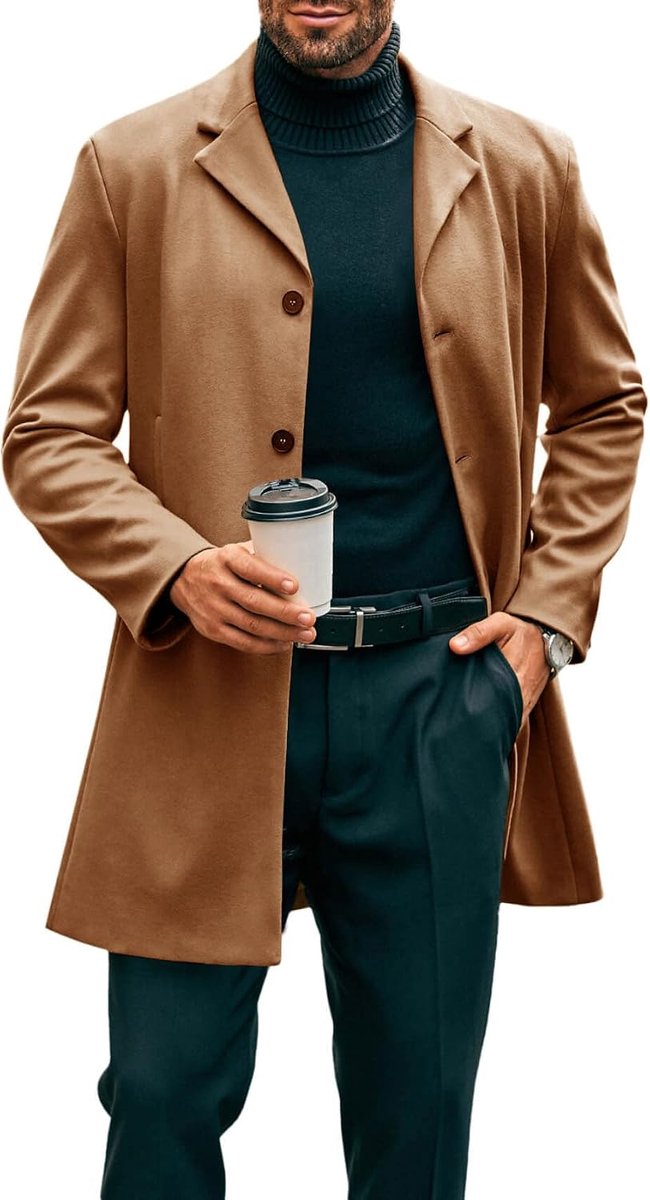 Herenmantel, lange trenchcoat, slimfit, winter, gekerfde kraag, jas, enkele rij, zakelijke overcoat