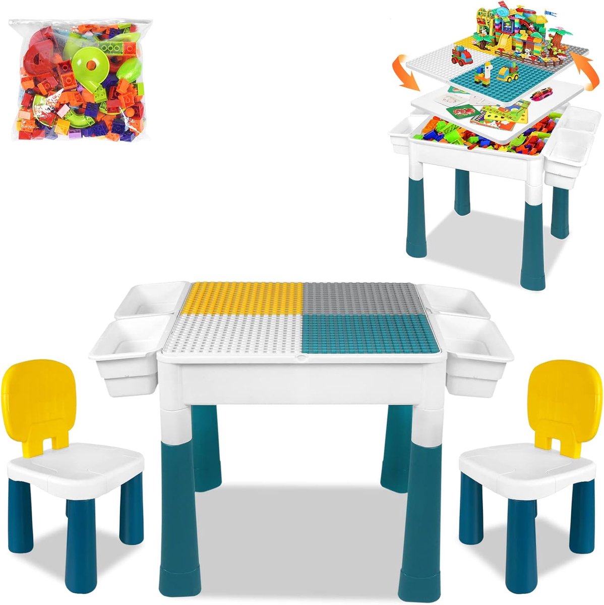 Aufun In hoogte verstelbare kindertafel met stoelenset, 6-in-1 bouwstenen, speeltafel, grote multifunctionele bouwstenenset met 163 blokken opbergruimte, 2 stoelen, cadeau voor jongens en meisjes