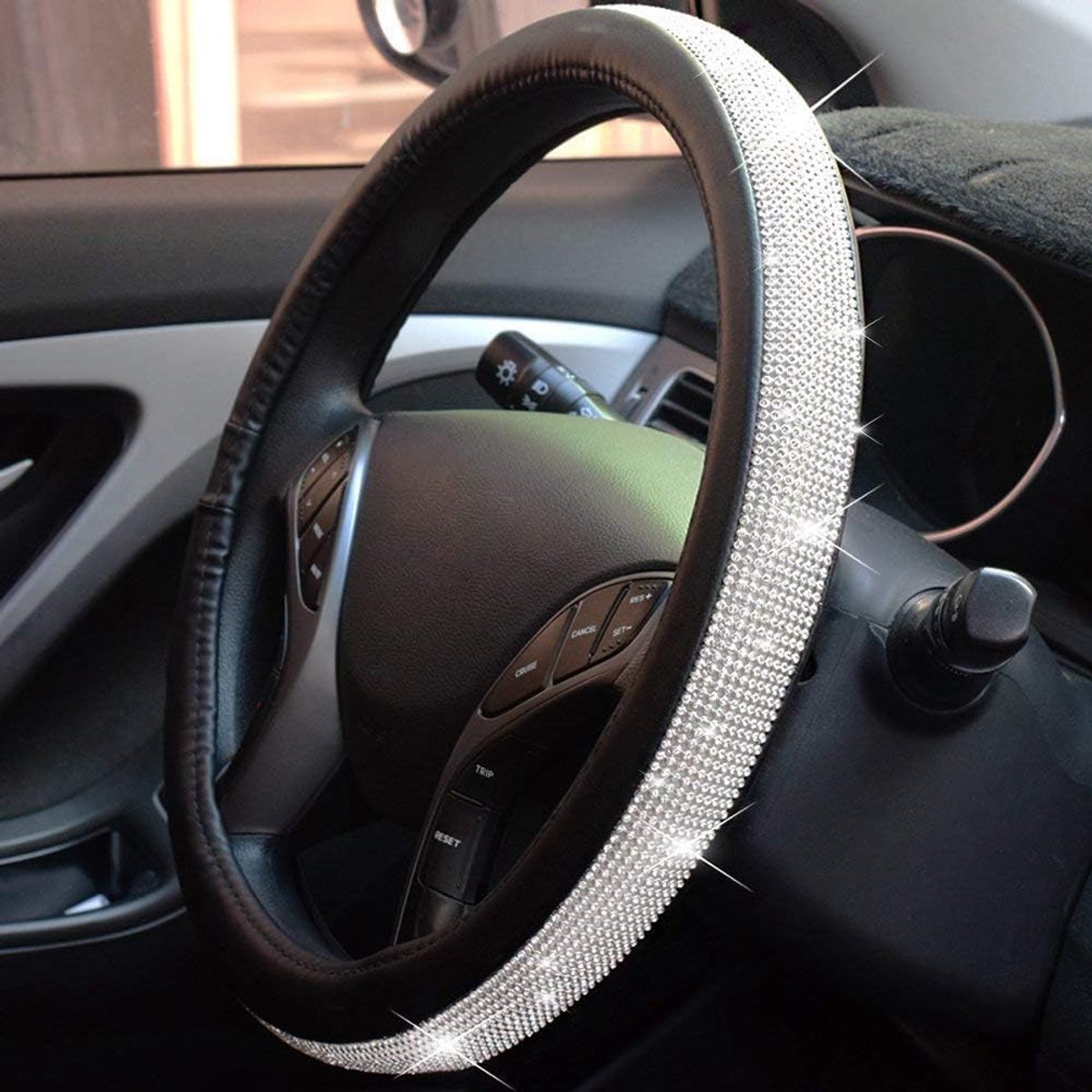 Couvre Volant Voiture Bling en Cuir Microfibre Housse de Volant Caches de Volant Universelle 37-38cm Accessoires pour Femmes Noir -Argenté