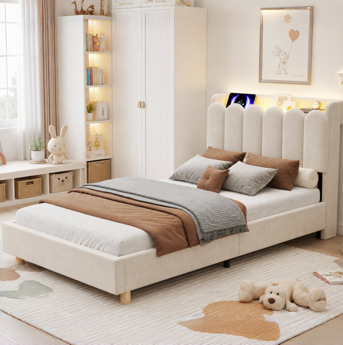 MIVRAY Gestoffeerd Bed 90x200 Cm - Kinderbed Met Lattenbodem En Hoofdbord Met Usb En Type C Oplaadpunt En Leeslamp - Samt - Beige Zonder Matras