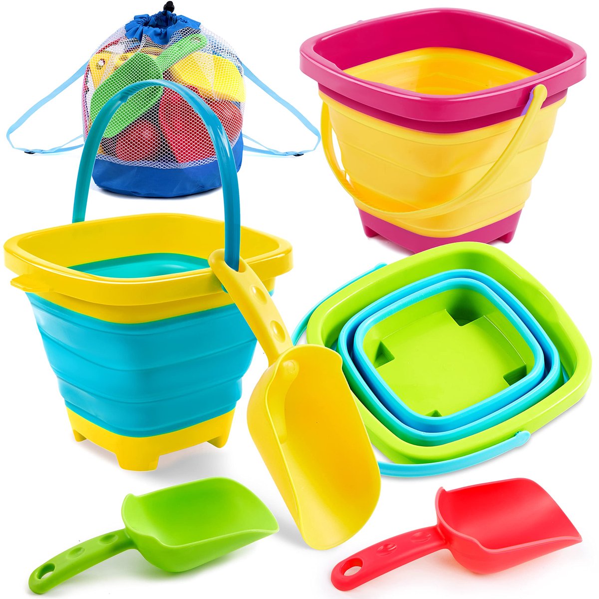 Set van 3 Opvouwbare Emmers met Schepje en Opbergtas - Inklapbare Strandemmers voor Strand, Camping, Vissen en Zomeractiviteiten - Lichtgewicht en Ruimtebesparend Speelgoed voor Kinderen - Geel, Blauw en Groen