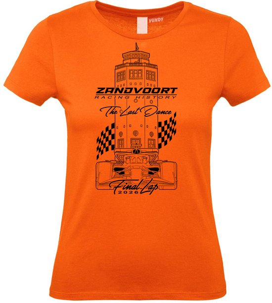 Oranje dames T-shirt met Zandvoort Racing History, een F1 auto en de tekst "The Last Dance" en "Final lap 2026".