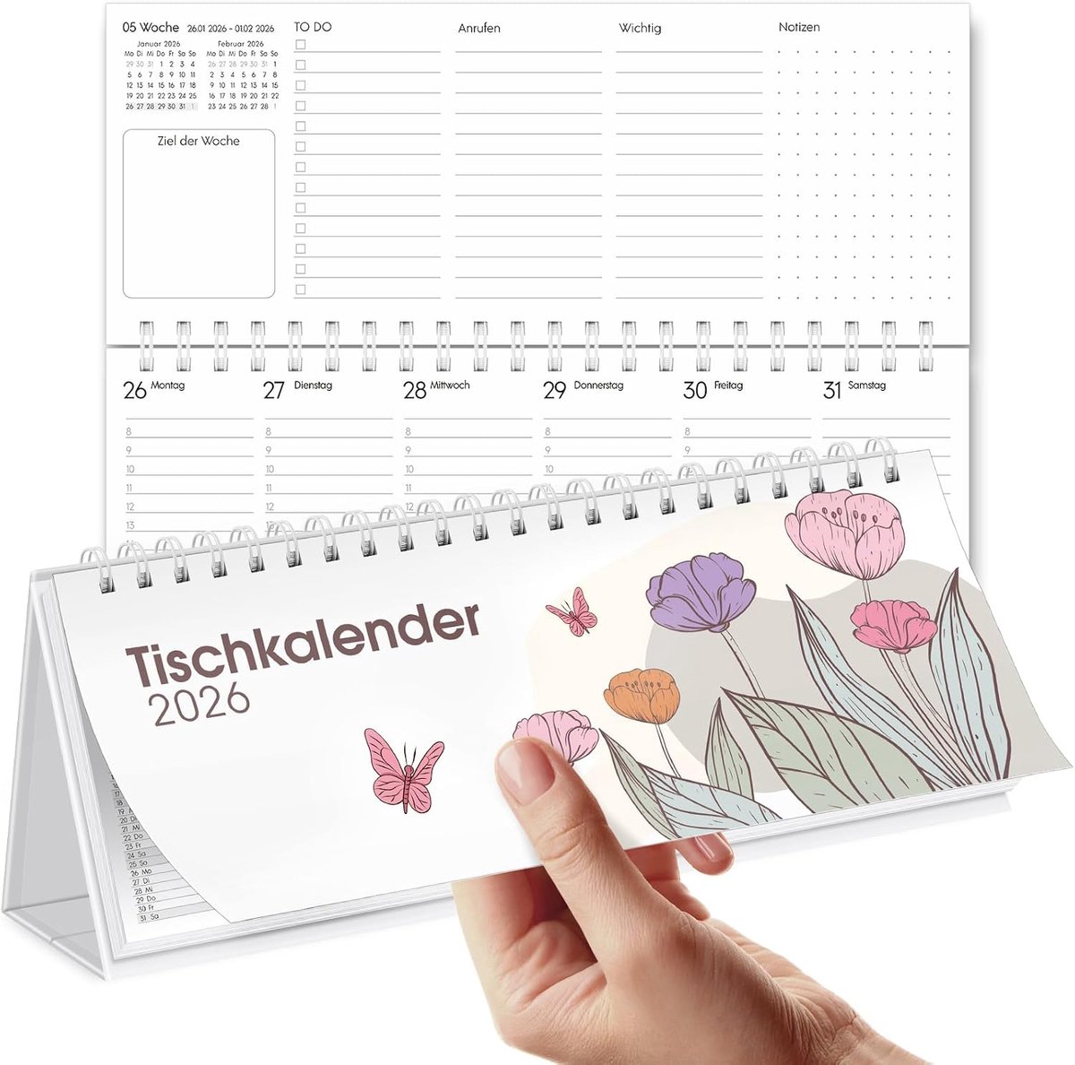 Tafelkalender 2026 - 29.7 x 11.7 cm - Bloemen Vlinder - Weergave van 1 week op 2 pagina's - ShopVlot