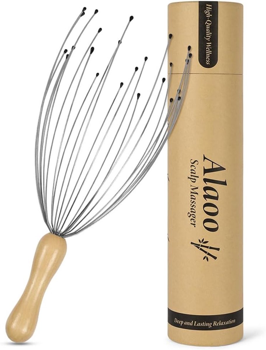 Scalp massager 24 vingers - houten handvat - ergonomisch ontwerp - stimuleert bloedcirculatie - ShopVlot