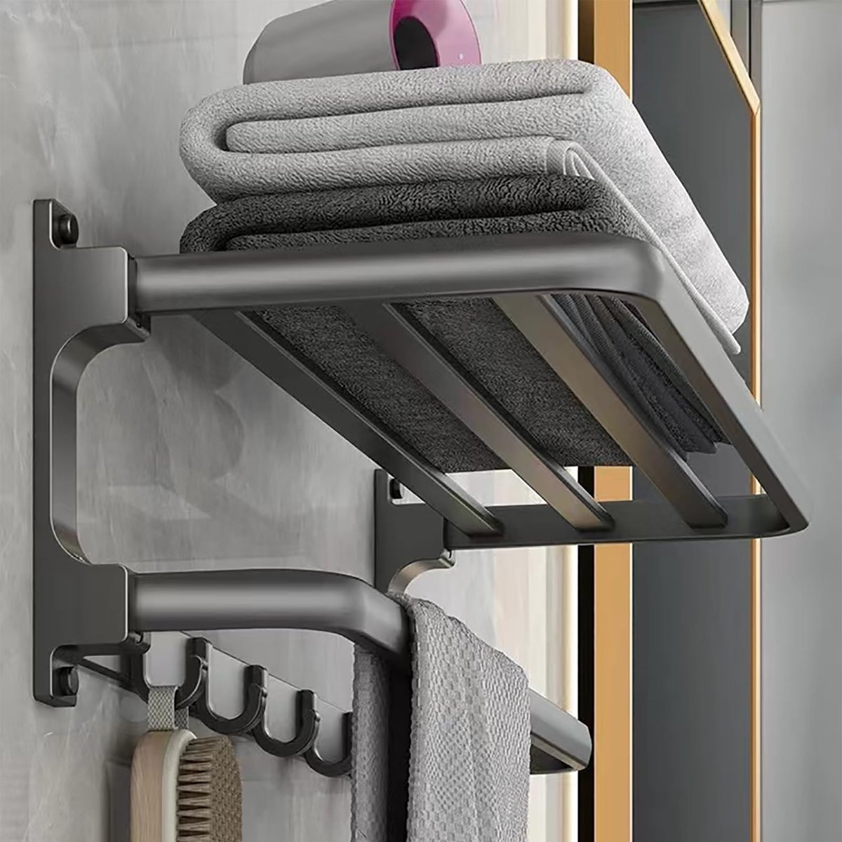 Handdoekhouder Zonder Boren - Zelfklevende Handdoekstang met 5 Handdoekhaken - Wandgemonteerde Handdoekrek 58 cm - Ruimtebesparende Handdoekhouder voor Badkamer, Keuken en Toilet - Grijs