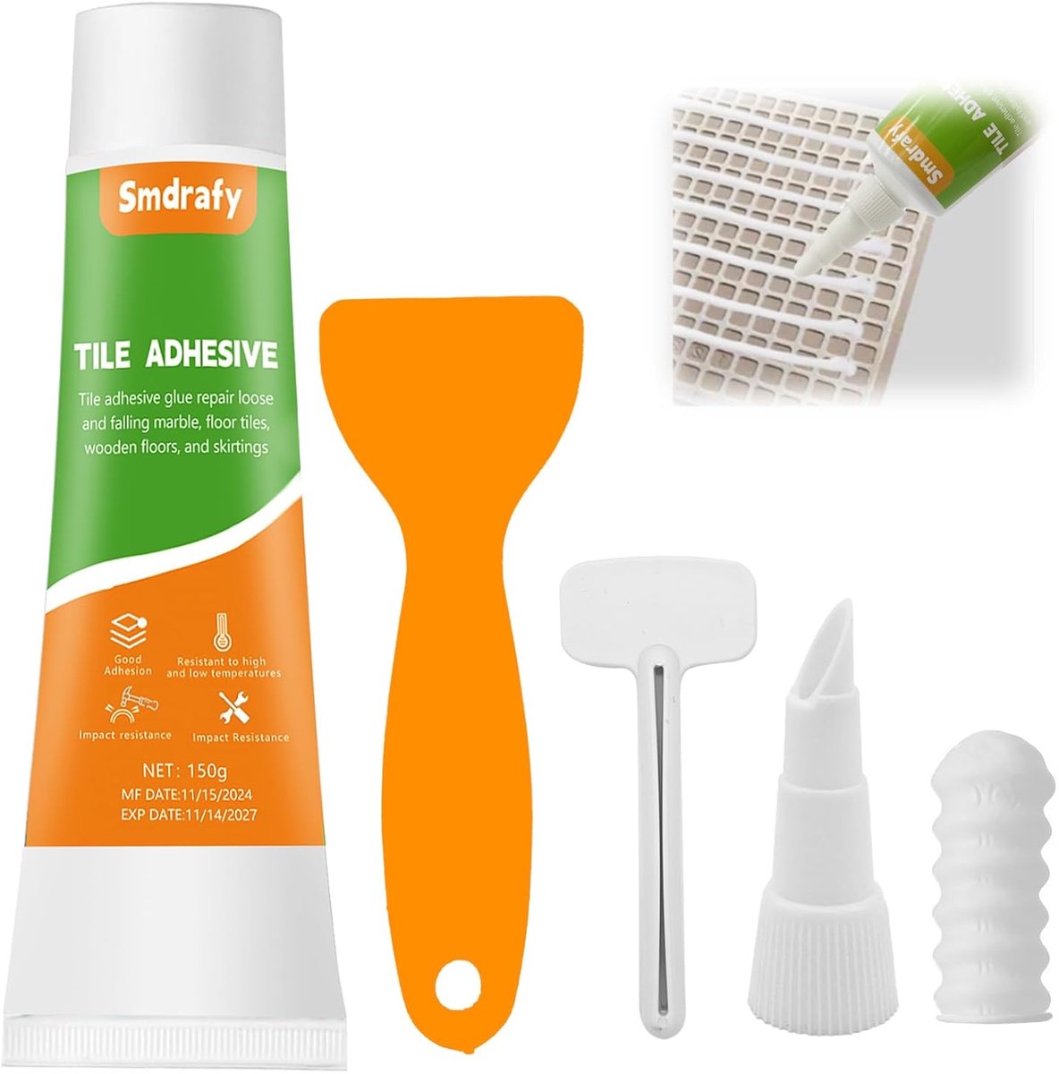 Thijox - Tegellijm voor Badkamer en Buiten, Vorstbestendige Krachtlijm voor Tegels, Cement, Steen, Vloer en Muur, 150 g met Schraper en Lijmdispenser