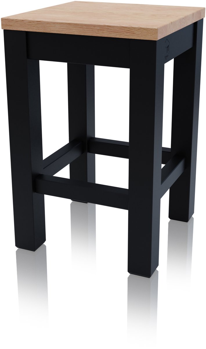 Houten Ergo Kruk met Eken Zitting & Zwarte Poten - 45cm Hoog