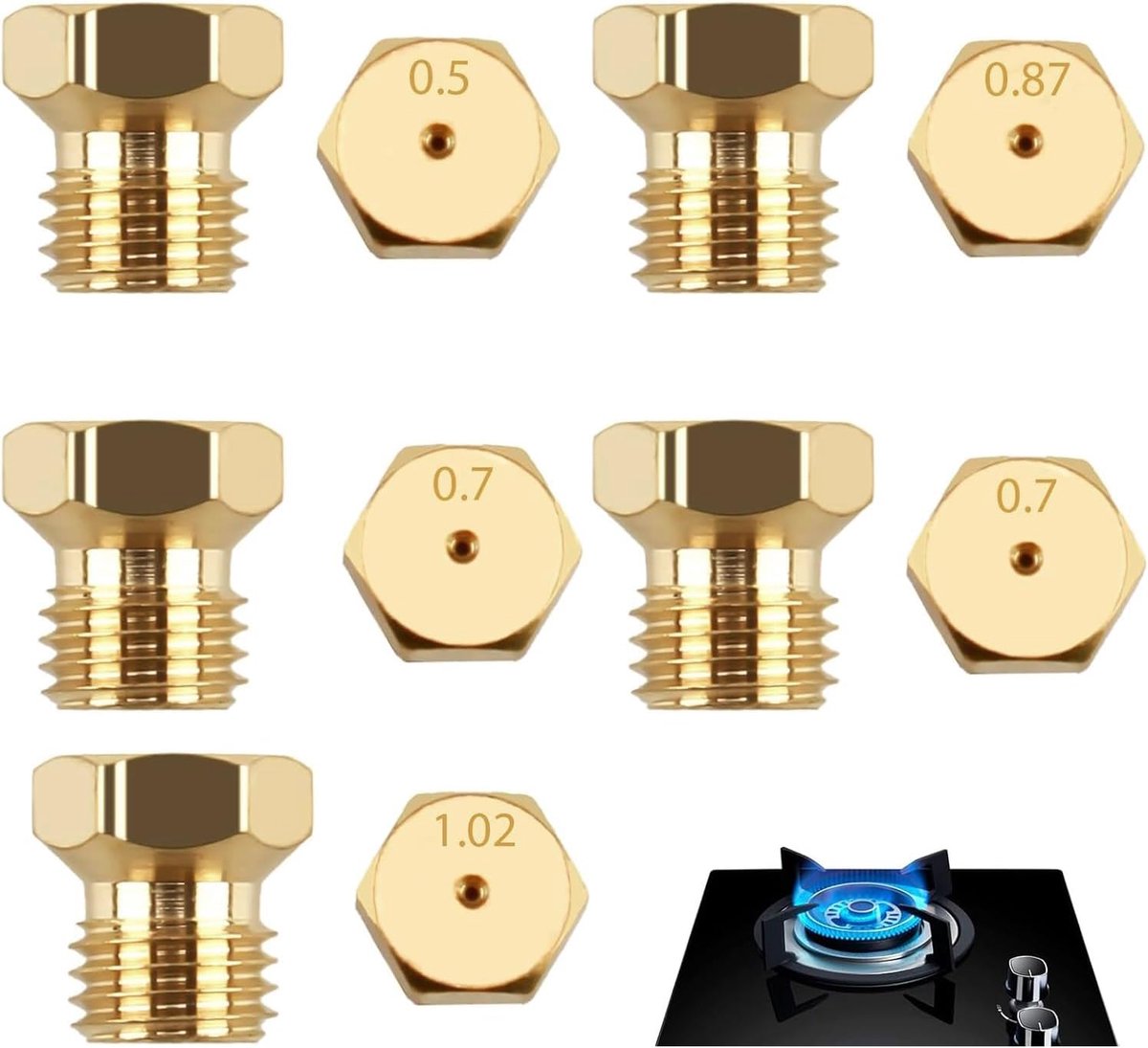 Gasinjector nozzles 6-delig - Messing gas jets - Geschikt voor LPG en aardgas - Perfect voor kookplaten - ShopVlot