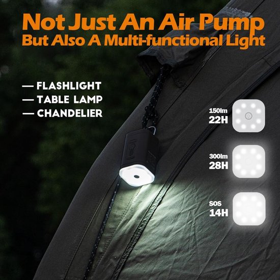 Draagbare Elektrische Luchtpomp met Led-campinglamp - 2400 mAh - Mini-pomp - Met 5 Opzetstukken - Buitenkampeerluchtpomp - voor Luchtmatras, Zwemring, Vacuümzak, Camping - voor Opblazen en Leeglopen - Zwart van Merkloos — afbeelding 3