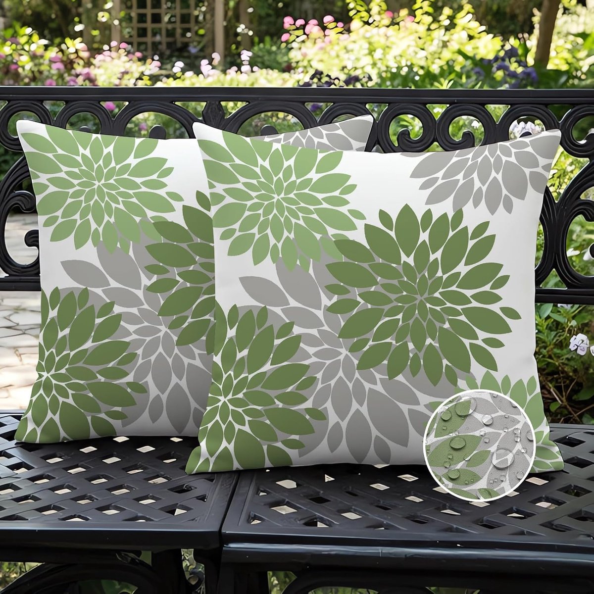 Tuin Kussens 45 x 45 cm - Grijs Groen - Dubbelzijdig Dahlia Motief - Perfect voor Buiten - ShopVlot