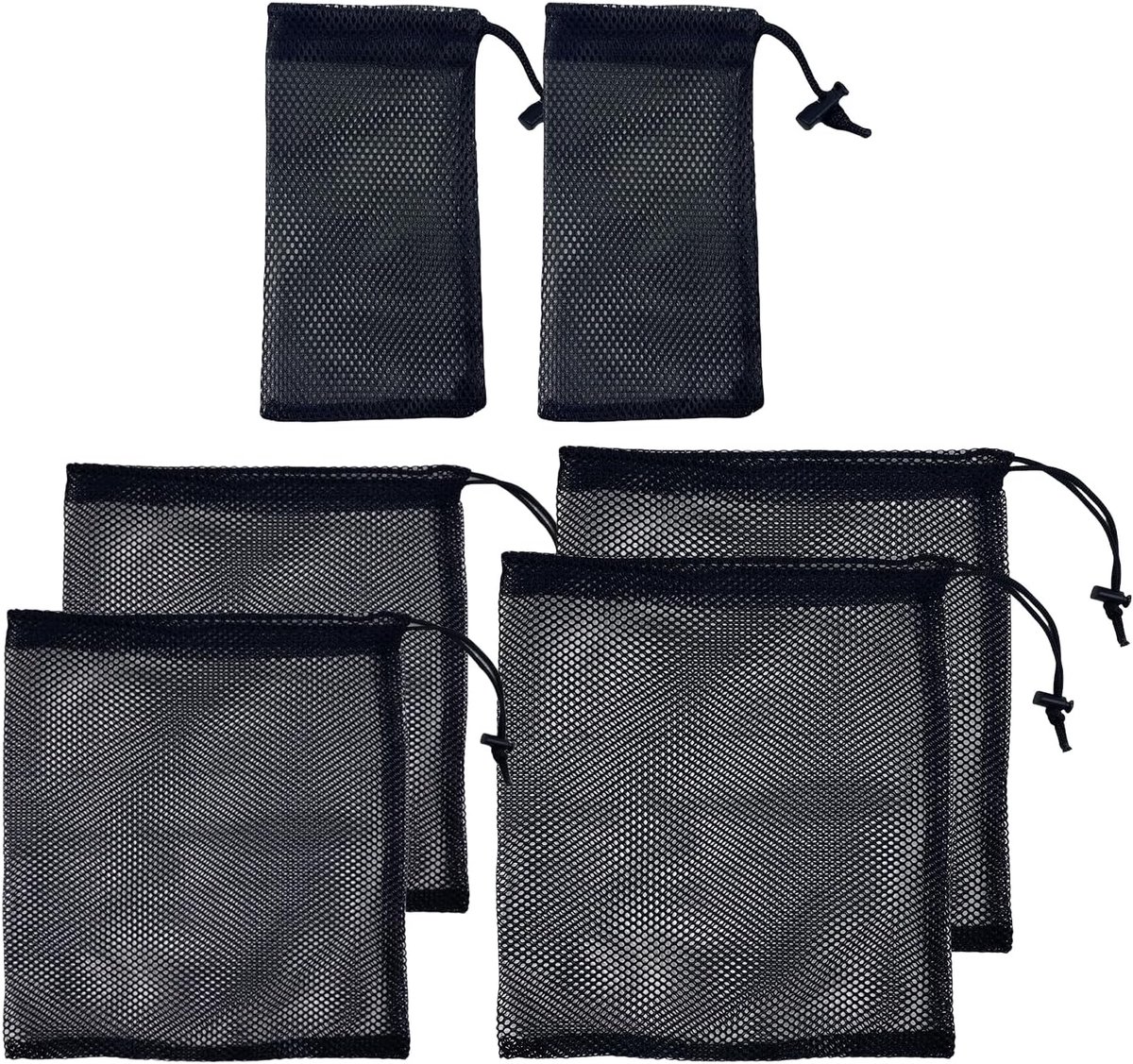 Thijox - 6 stuks zwarte nylon nettas met trekkoord, multifunctionele gymtassen voor reizen, sportuitrusting, cosmetica en speelgoed, duurzaam en prakt