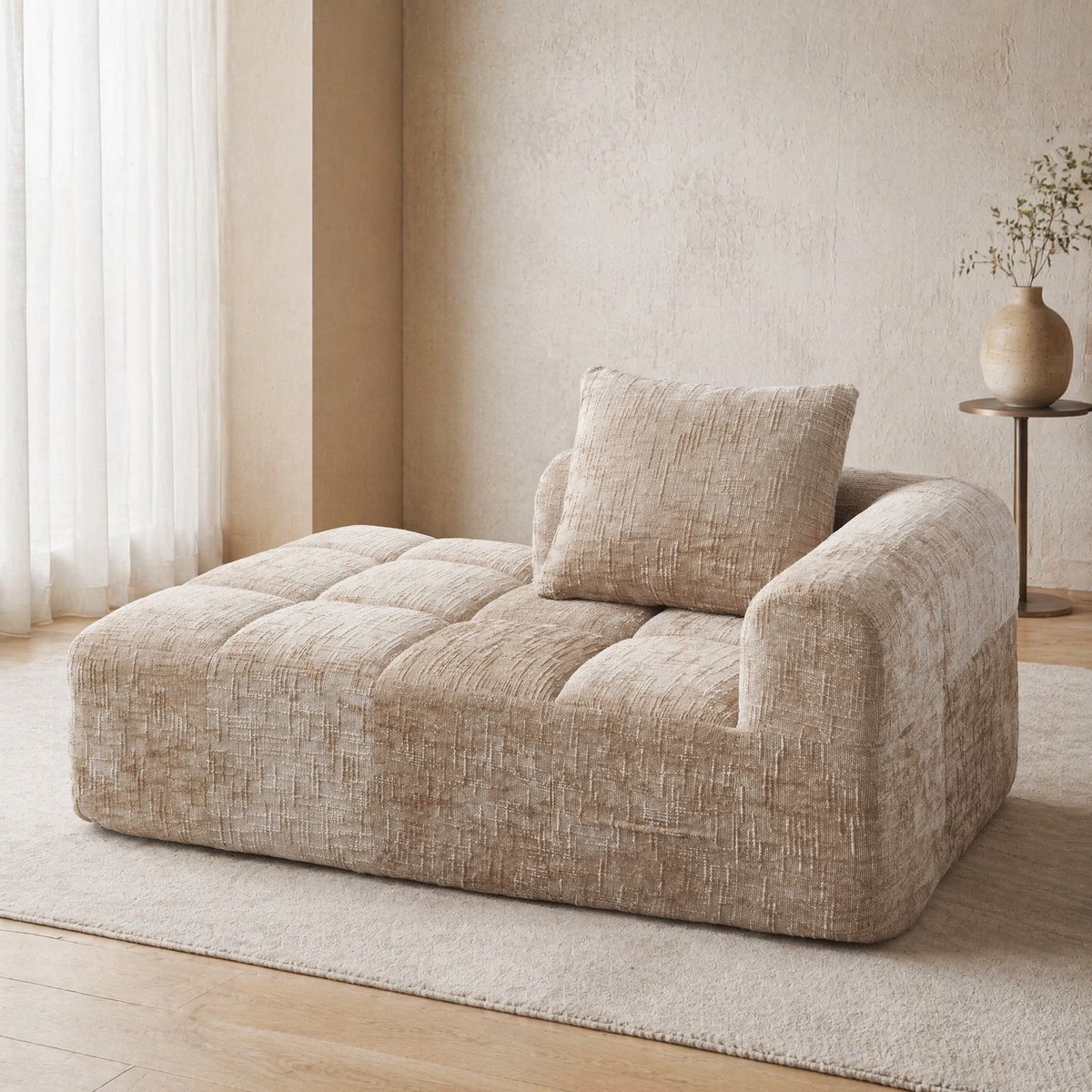MEUNIQ chaise longue 158 x 90 x 60 cm, met kussen en zijvakken, zachte chenille, zonder montage, voor woonkamer en slaapkamer, khaki