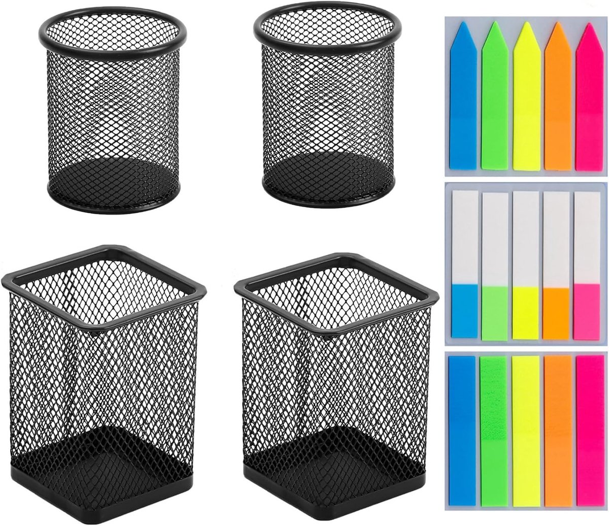 Penhouder set van 4 - zwart metaal - rond en ruitpatroon - houdt je bureau georganiseerd - ShopVlot