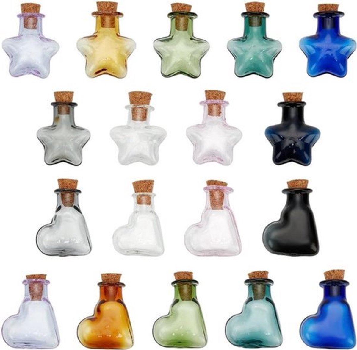 18-Pack Mini Potion Flessen in 9 Kleuren - Ster & Hart Kurk Stoppers - Glazen Drijfflessen voor DIY Ambachten, Bruiloft, Verjaardag, Feestartikelen