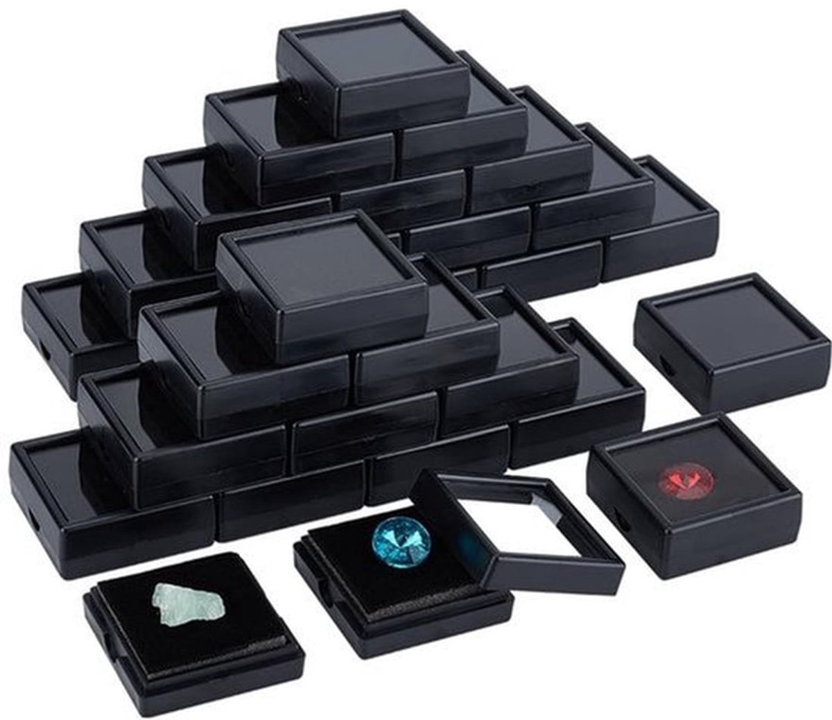 48 Pack Display Box voor Edelstenen - Zwarte Plastic Doos met Duidelijk Venster en Fluwelen Kussen - 4x4x1,5cm