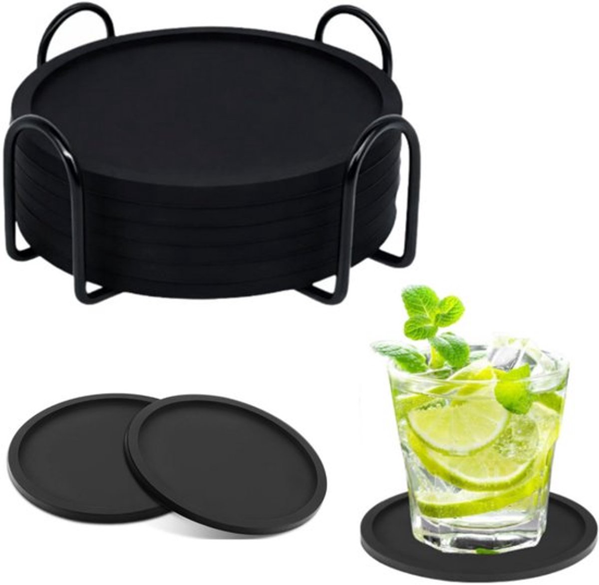 Onderzetters- onderzetters voor glazen- Zwarte onderzetters - Dikke ronde siliconen onderzetters - Voor drankjes - Koffiematten - Bierbarmatten - 6 zwarte onderzetters + zwart ijzeren frame - Verdikt - Anti-morsrand (10x0,5cm)