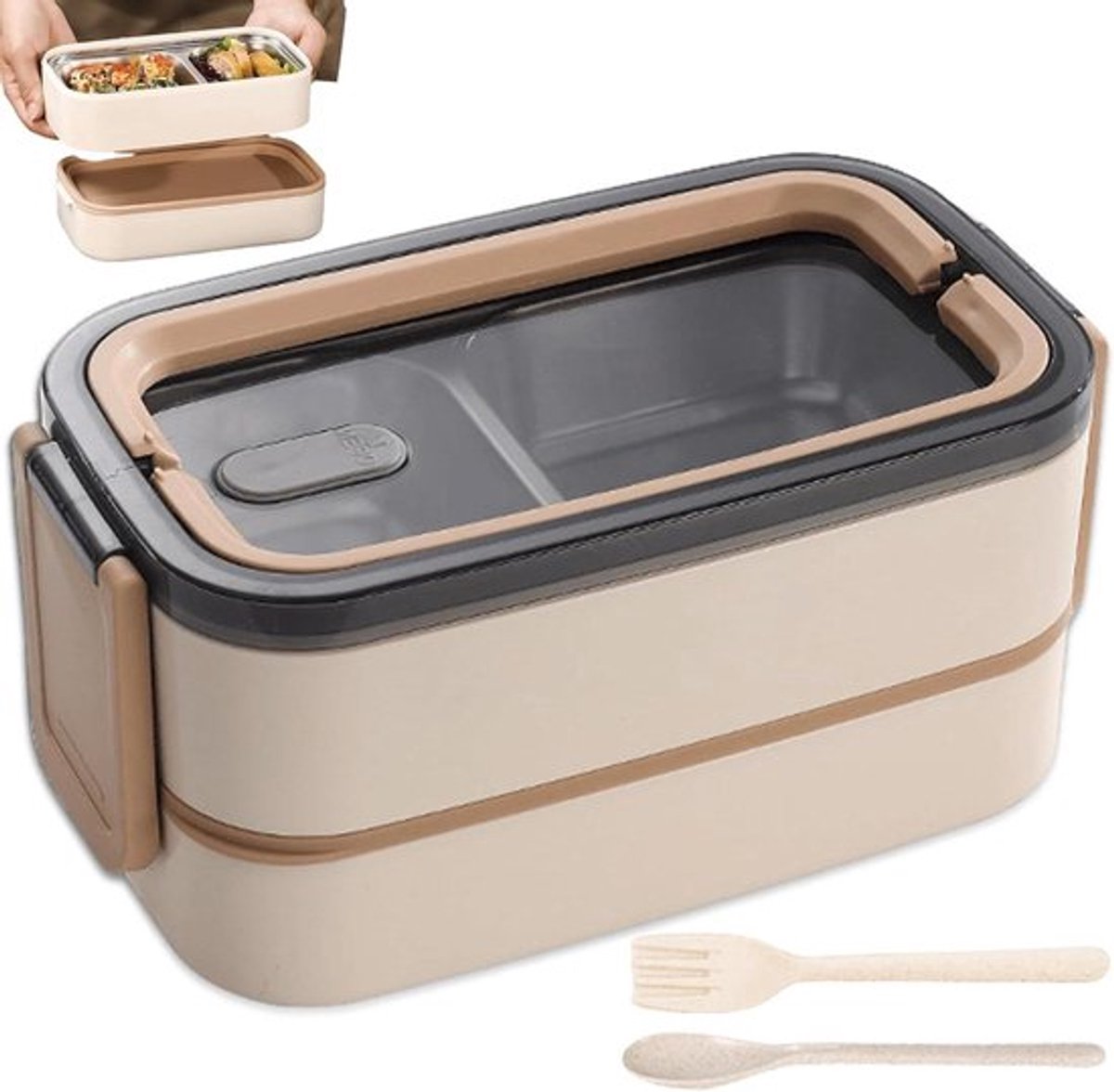 Lunchbox - Bento Box - 2 etages - lekvrij - roestvrij staal - groot volume - luchtdicht - bestekset - BPA-vrij - voor onderweg - magnetronbestendig - ontbijtbox - lunchtrommel met vakken - geschikt voor volwassenen - blauw.