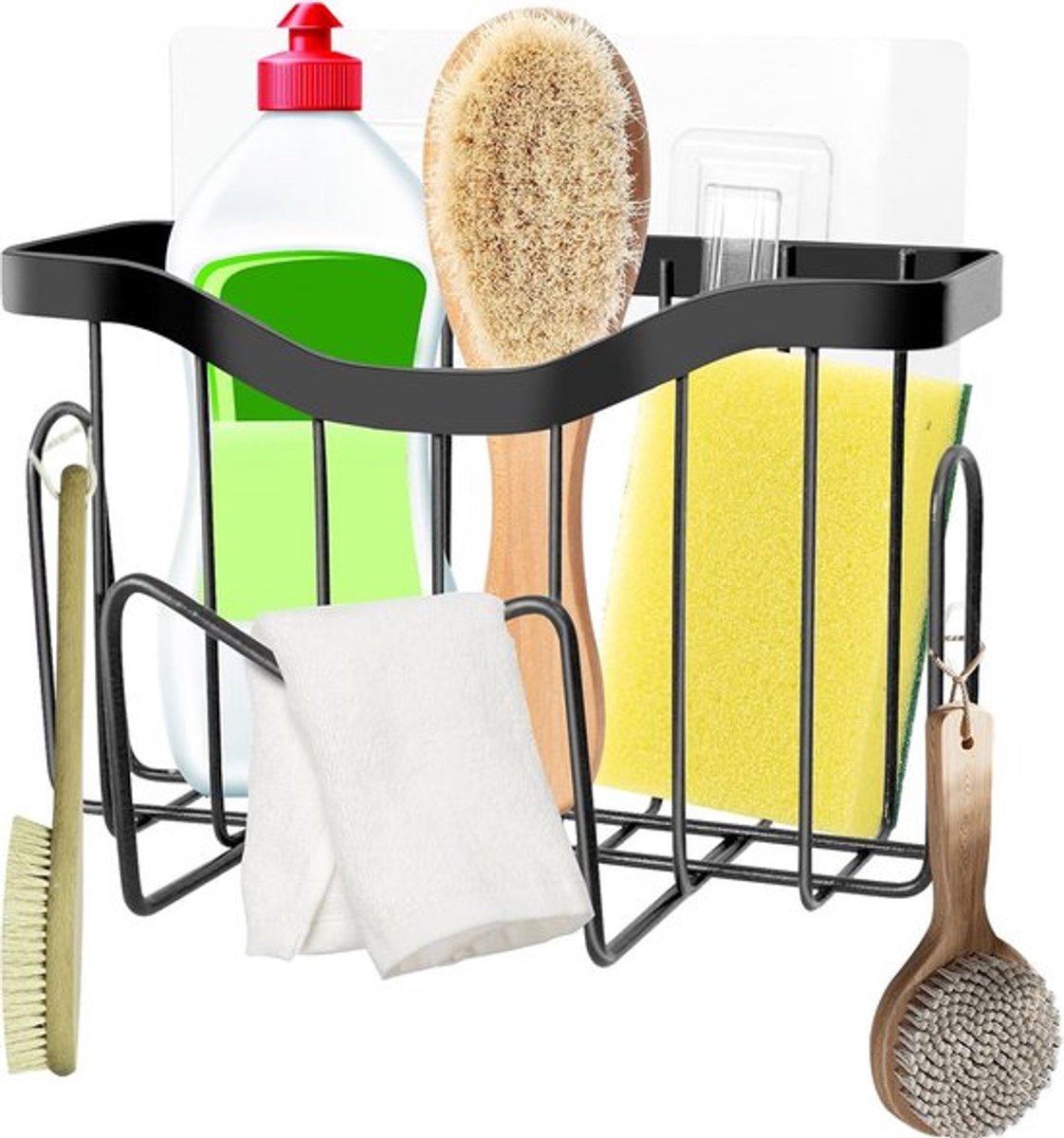 Sponshouder gootsteenorganizer - 3-in-1 - RVS hangende organizer met lijmhaak voor spons en afwasborstel - zwart