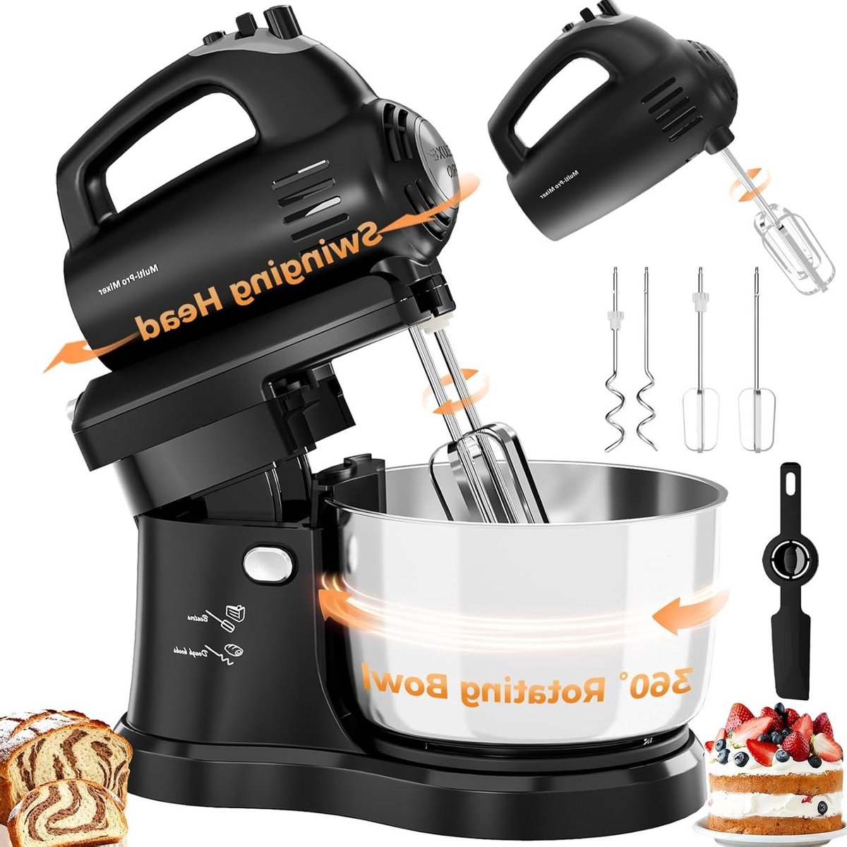 Keukenmixer - Handmixer Tafelmixer - Bakken en Mixen - Draaibare Kom - 3.2 liter - Zwart
